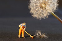 a man in overalls is sweeping a dandelion